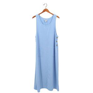 Amy K Su AKS Tencel Pinafore Jumper Maxi Buttoned Blue Dress w/ Pockets L